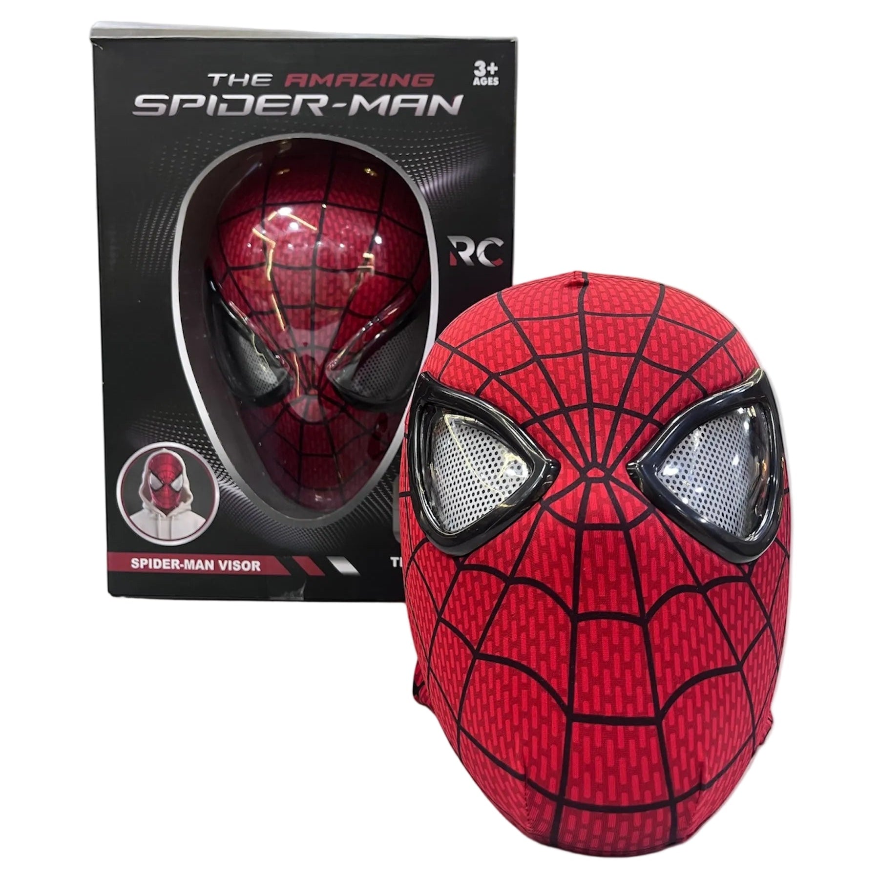 Spider-Man mask with red and black design in front of its packaging on a white background