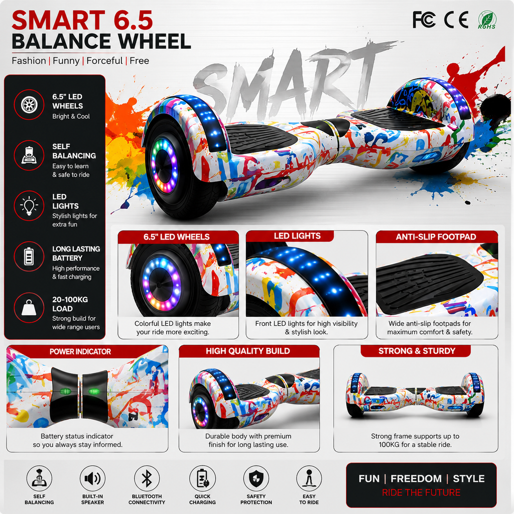 Self-Balancing Hoverboard with LED Lights & Bluetooth Speaker (White)