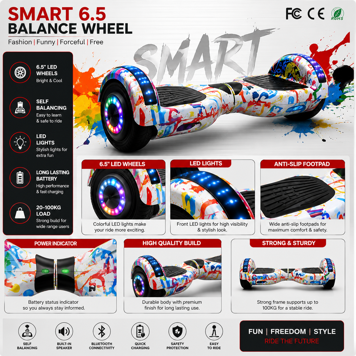 Self-Balancing Hoverboard with LED Lights & Bluetooth Speaker (White)